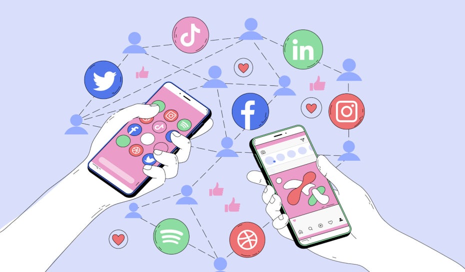 Illustration de deux téléphones entourés de diverses icônes de médias sociaux