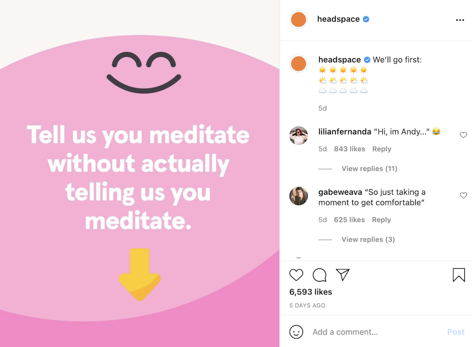 Capture d'écran d'un post Instagram pour Headspace utilisant des emojis dans la description