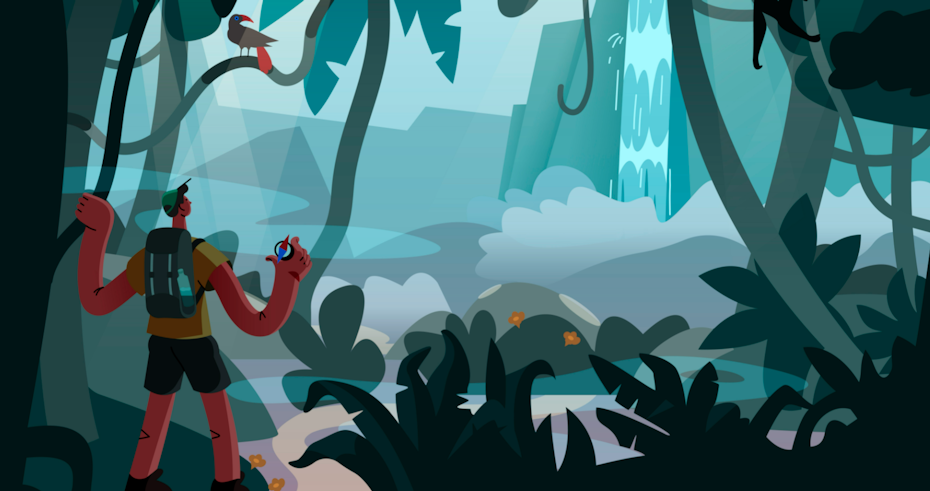 illustration: Person, die im Wald steht und ein Abenteuer sucht