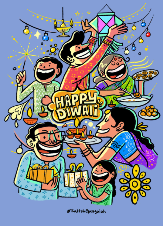 a cartoon Diwali card with men and women celebrating with lights, gifts, and food