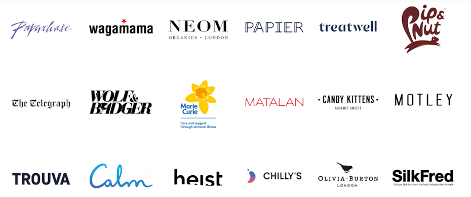Una lista de marcas, incluidas Trouva, The Telegraph, Motley, Papier y SilkFred
