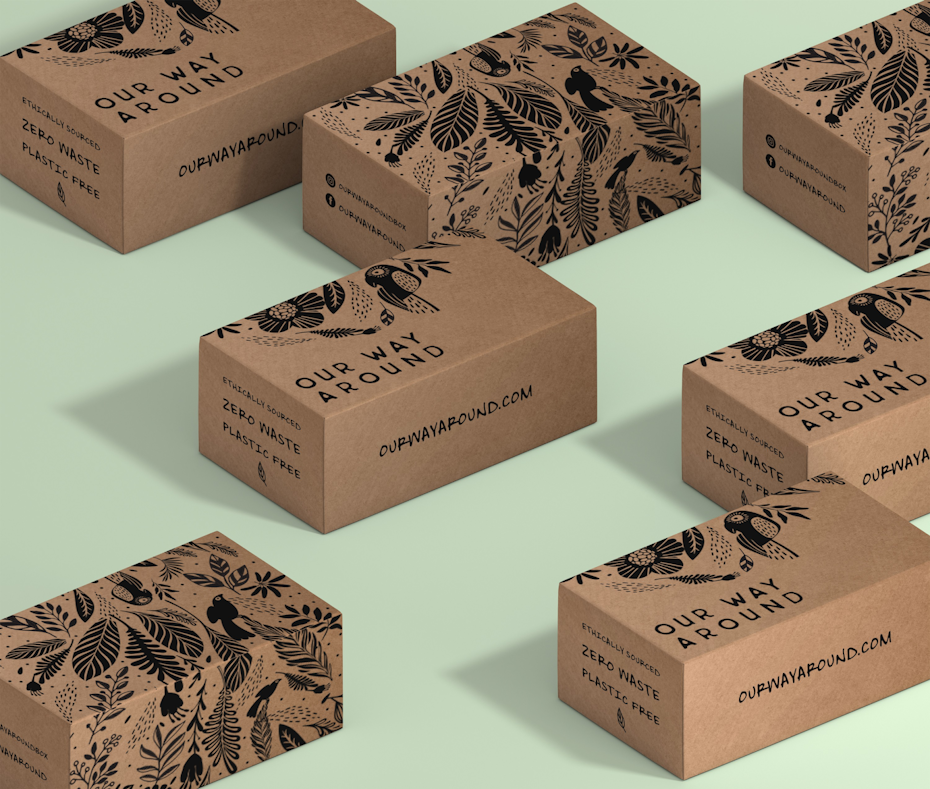 Diseño de ecommerce tendencias - Cuatro cajas de papel kraft con el texto en la parte superior de la caja que dice "Nuestro camino".