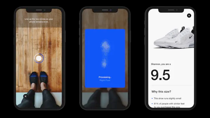 Tres pantallas de iPhone que muestran una cámara escaneando los pies de una persona y mostrando un par de zapatos Nike blancos con un número de zapato de 9.5