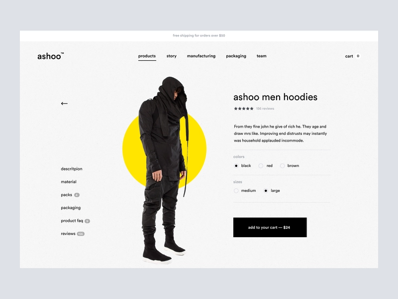 vista previa de la página del producto de un sitio web que contiene menús horizontales y verticales.  En el medio de la página se encuentra un hombre vestido con ropa negra y botas.