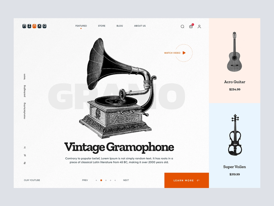 Un sitio web que muestra un gramófono antiguo en el centro y una guitarra y un violín al costado de la página.
