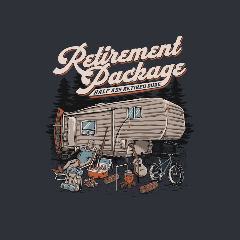 retirement design of man sat by caravan
