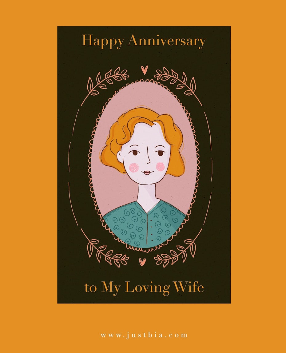 anniversary card design an illustration of a woman surrounded by an oval frame with the words ‘Happy Anniversary to My Loving Wife’.