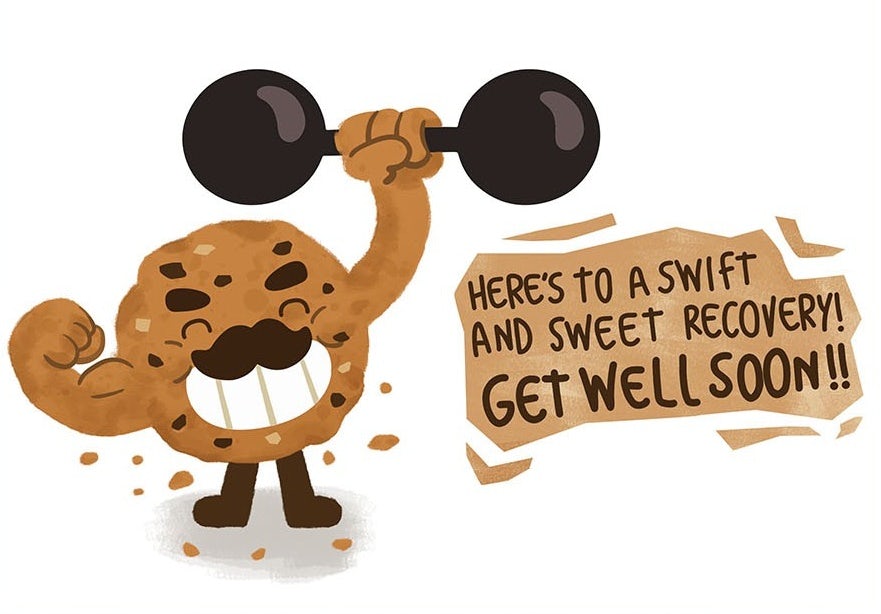 a card with a cartoon of a weightlifting cookie and the text ‘You’re one tough cookie. Here’s to a swift recovery. Get well soon.’