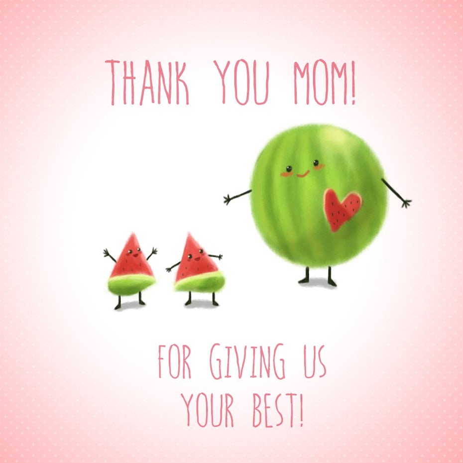 a pink card with a cartoon watermelon with a heart cut out and two watermelon slices smiling at each other