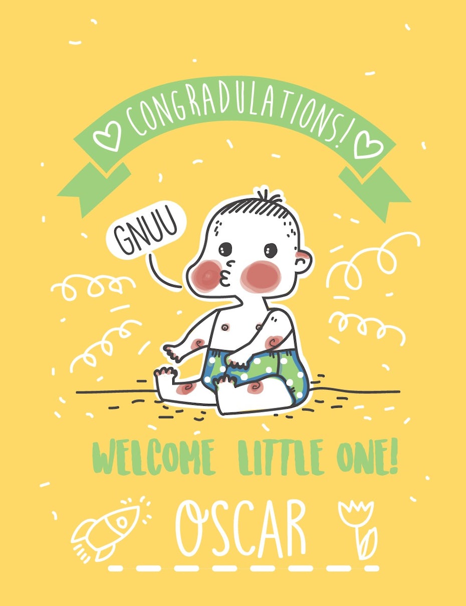 A baby card design with the text “congratulations! Welcome little one! Oscar