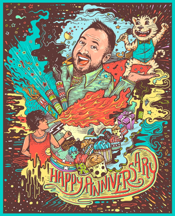 anniversary card design with cat, cupcakes, and fire breather