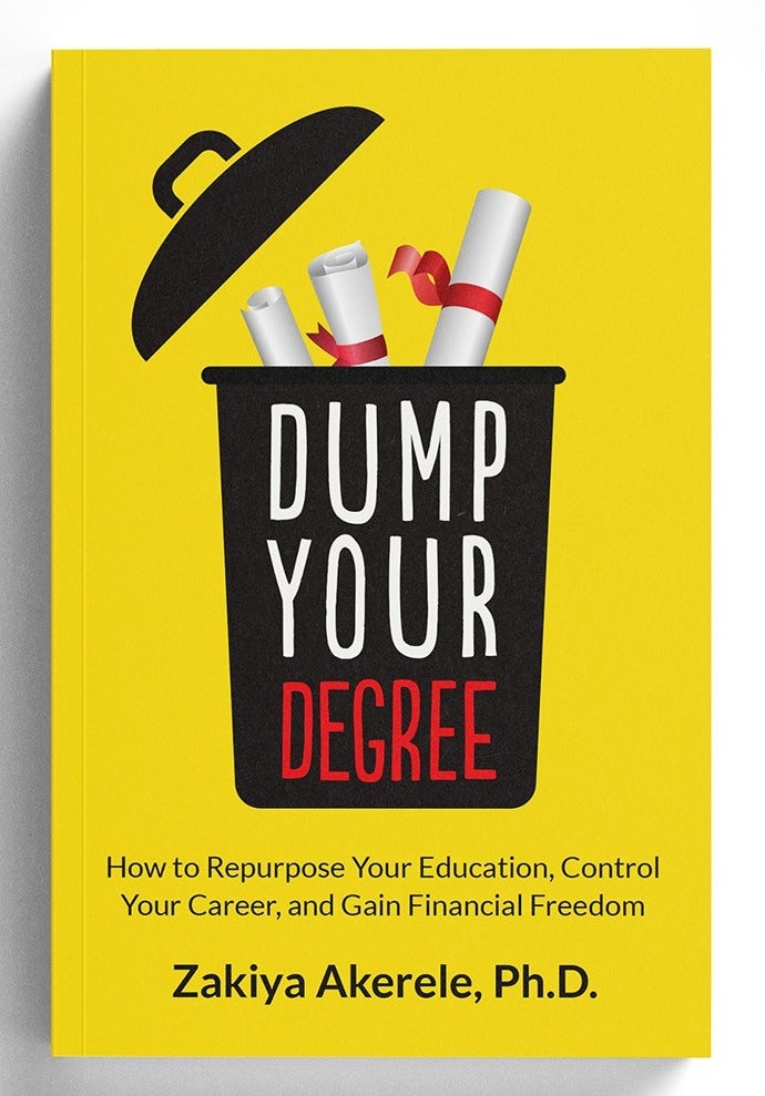 yellow book cover showing diplomas in a trash can