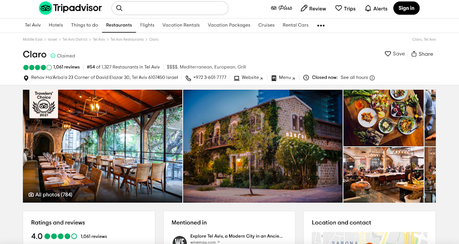 Tripadvisor page for Claro restaurant in Tel Aviv