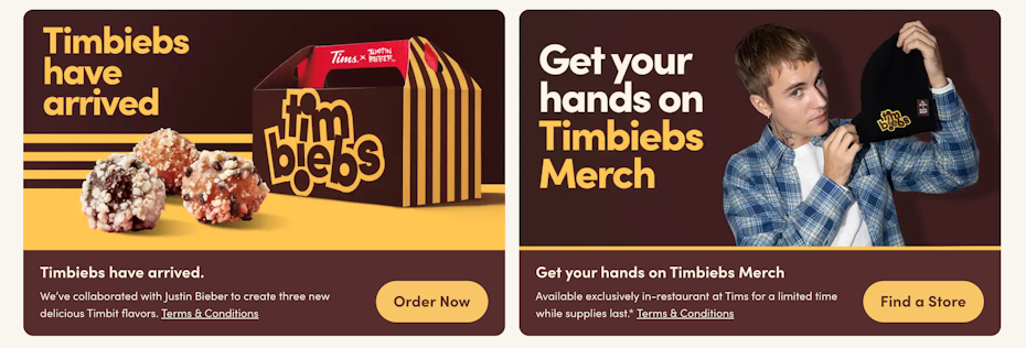 Tim Hortons ad with Justin Bieber collab