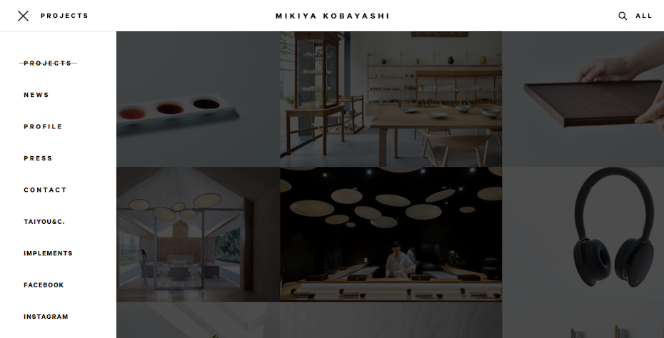 Captura de pantalla del sitio web del diseñador de muebles Mikiya Kobayashi con una marca limpia y fresca.
