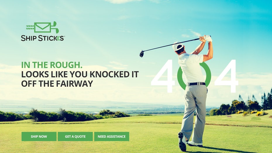 404 page showing a man swinging a golf club