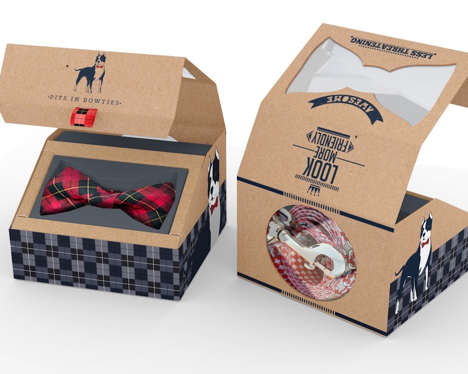brown cardboard packaging for a dog bowtie and leash