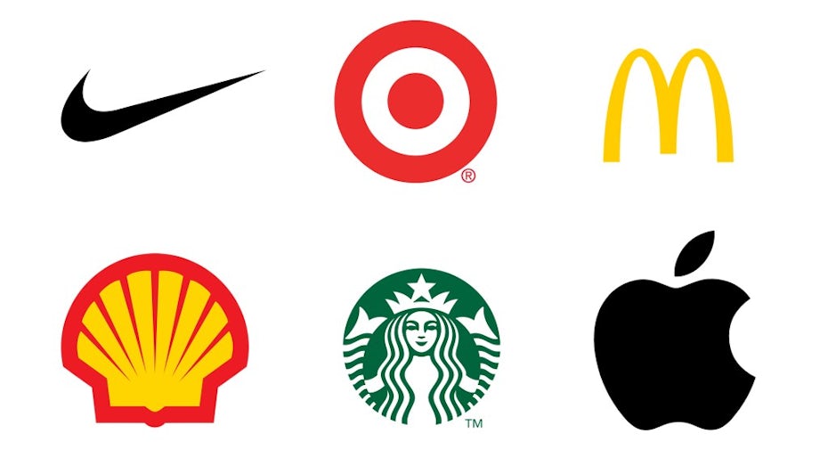 Un collage de différentes icônes de logo comprenant une coche noire, une cible rouge et blanche, une lettre M jaune et arrondie, un coquillage rouge et jaune, une sirène à la queue fendue et une pomme noire mordue