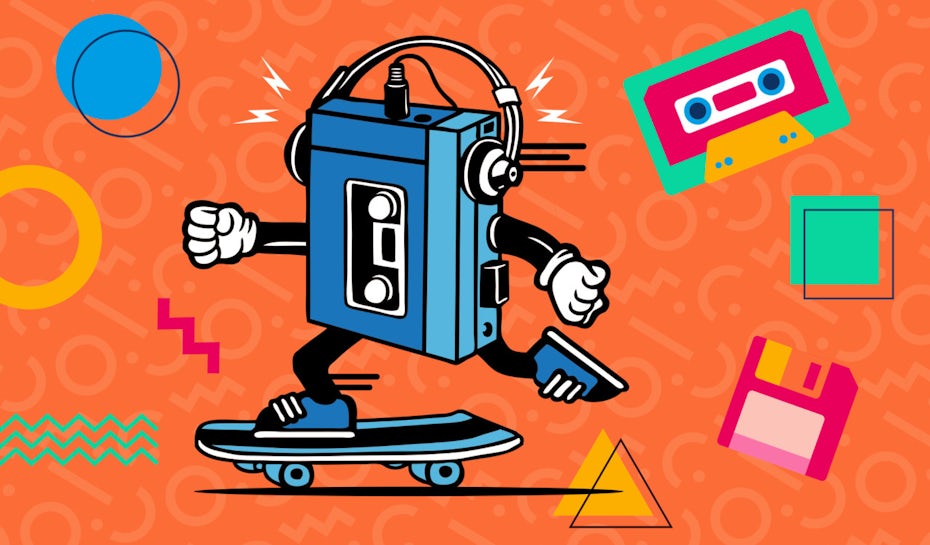 multicolored illustration of cassette tape skateboarding