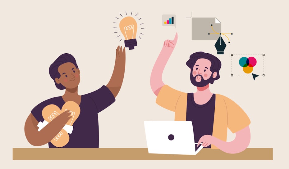 two people high fiving, one person has a light bulbs indicating ideas and the other person design tools