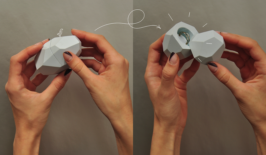 two images, side by side, of hands opening egg-shaped jewelry packaging