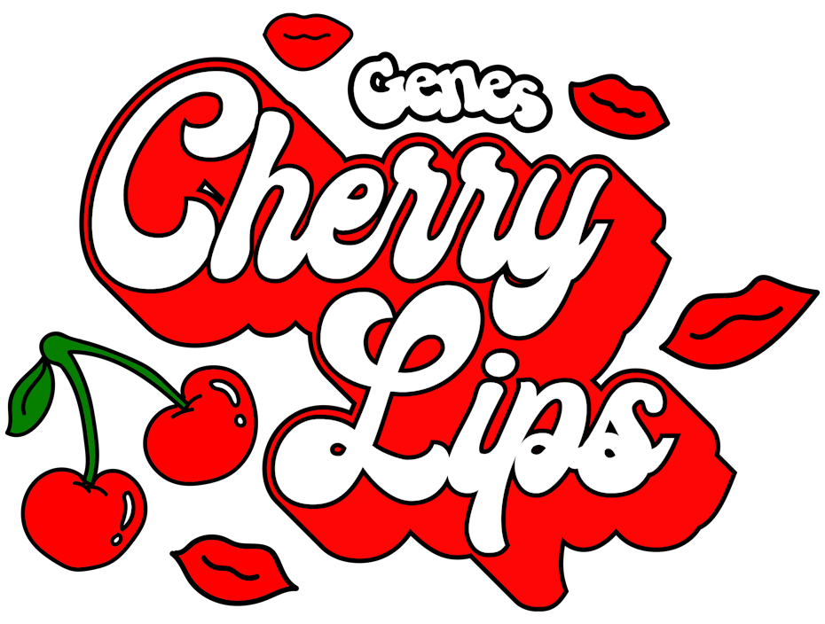 thick, swoopy bubble lettering logo with cherries and lips