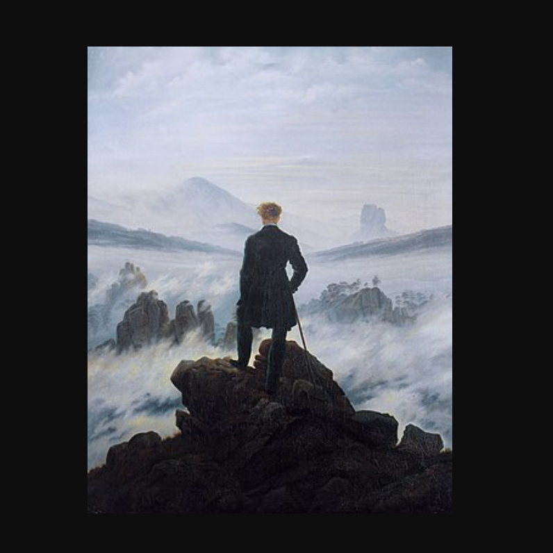 painting of a man’s back as he stands on rocks overlooking the ocean