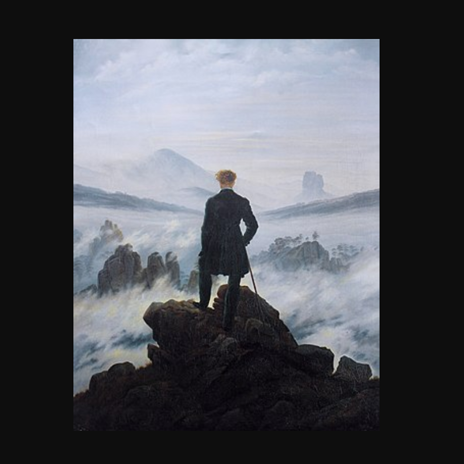 画的是一个人站在岩石上俯瞰大海的背影