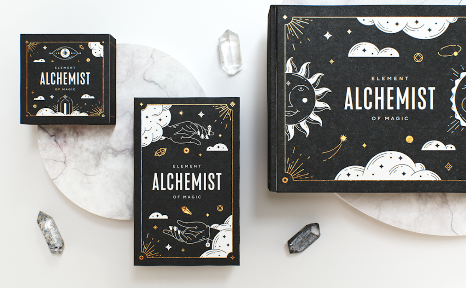 black box with gold and white embossed imagery and text