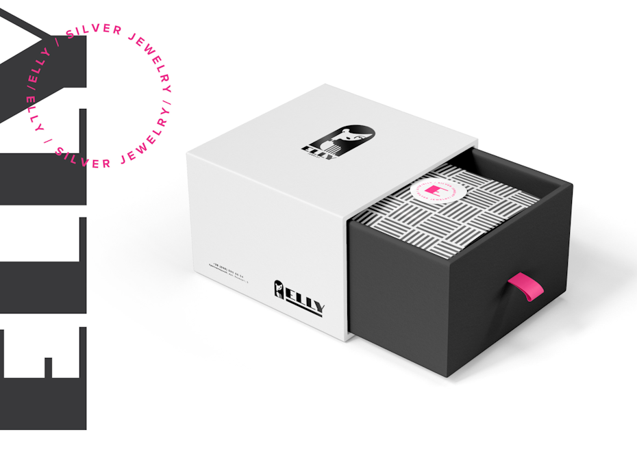 white box with a black logo and grey patterned interior paper