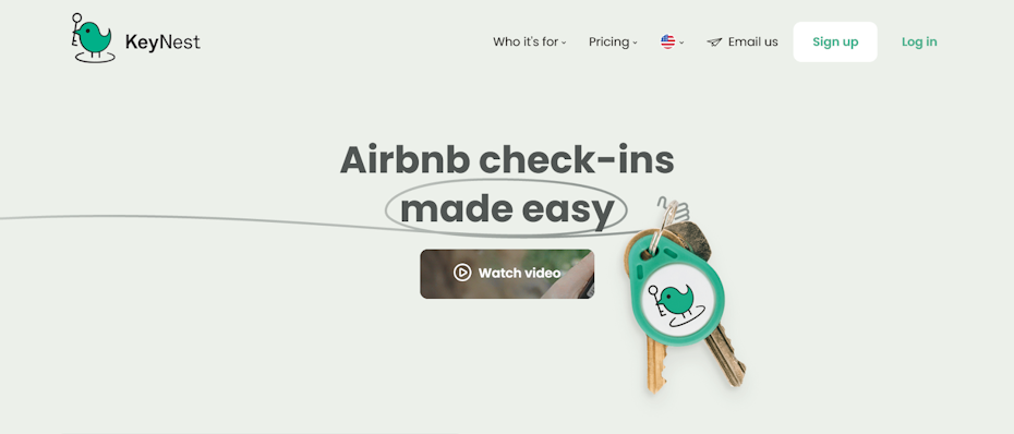 Keynest的首页预览显示了一组键，上面写着“Airbnb签到变得很容易”。