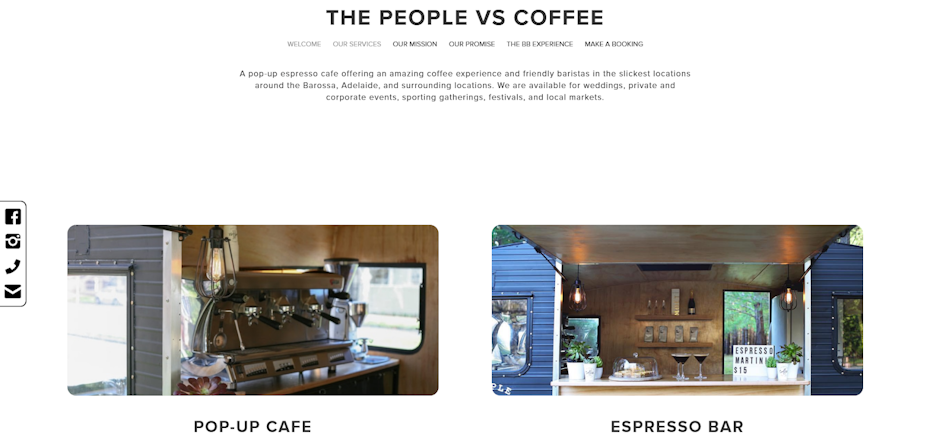 一家快闪咖啡店的主页，展示了它的咖啡吧在马车里