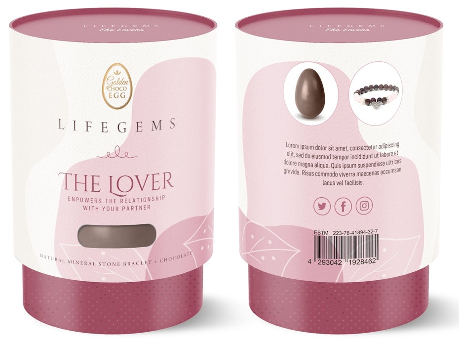 round pink and white packaging for a chocolate egg and bracelet