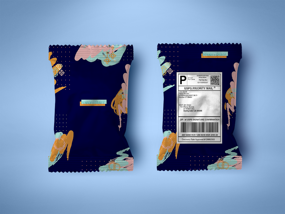 two mailers side by side, both dark blue with bold patterns