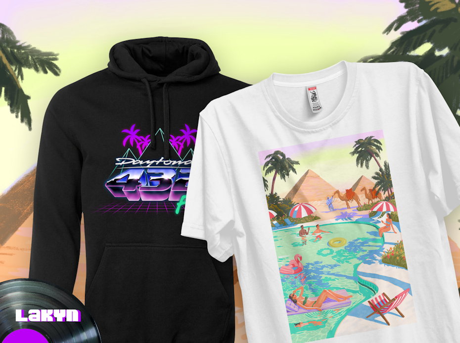 T-shirt design with swimming pool and pyramids
