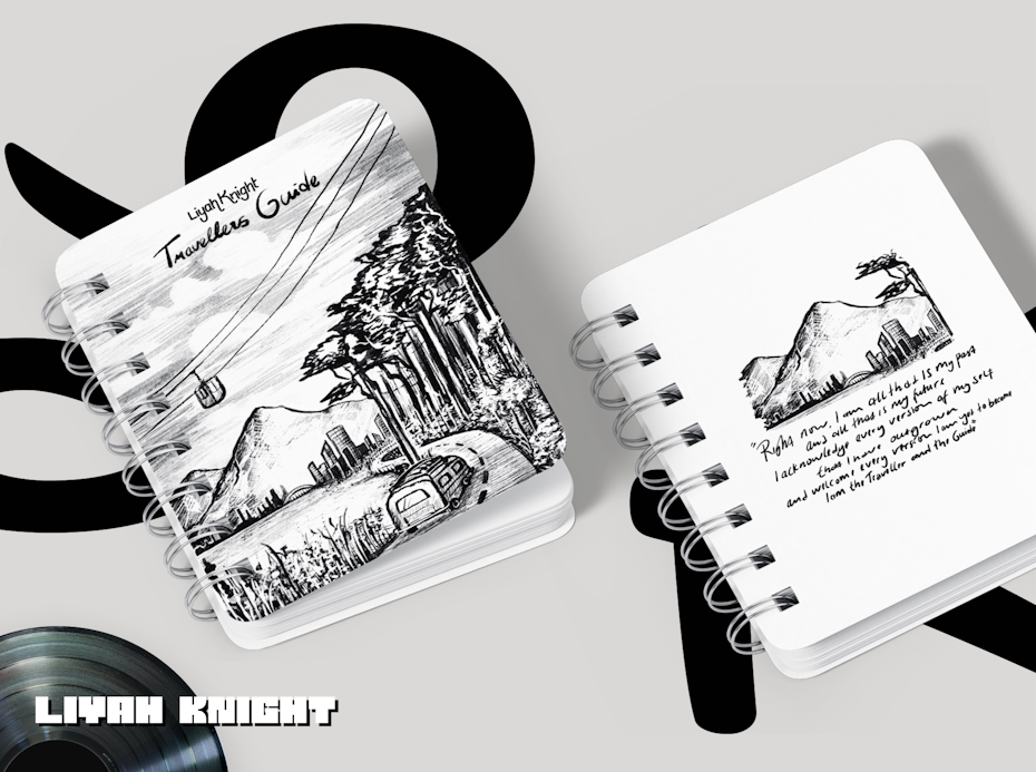 notebook cover with black text and illustration