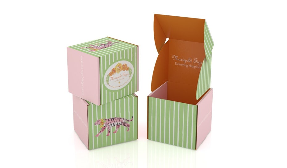 colorful green, white and pink box with a tiger on it