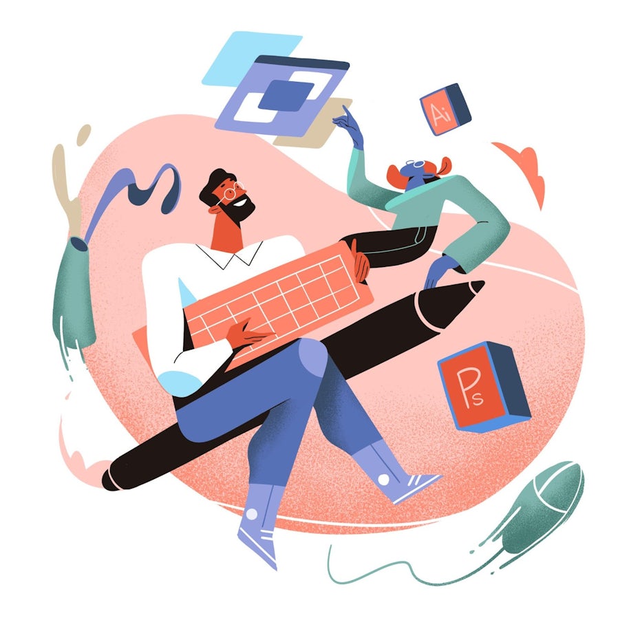 A colorful design of a man sitting on pen and a woman looking at a screen