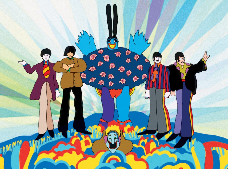 cartoon Beatles standing on a colorful base with a blue character