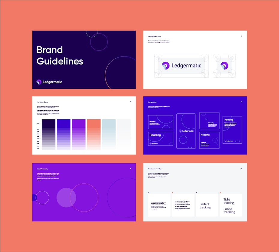 six pages from Ledgermatic’s brand guidelines