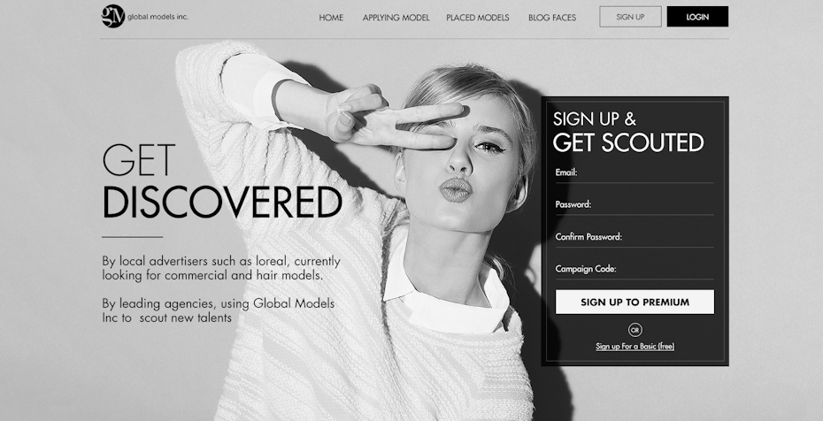 Black-and-white landing page design for a fashion brand