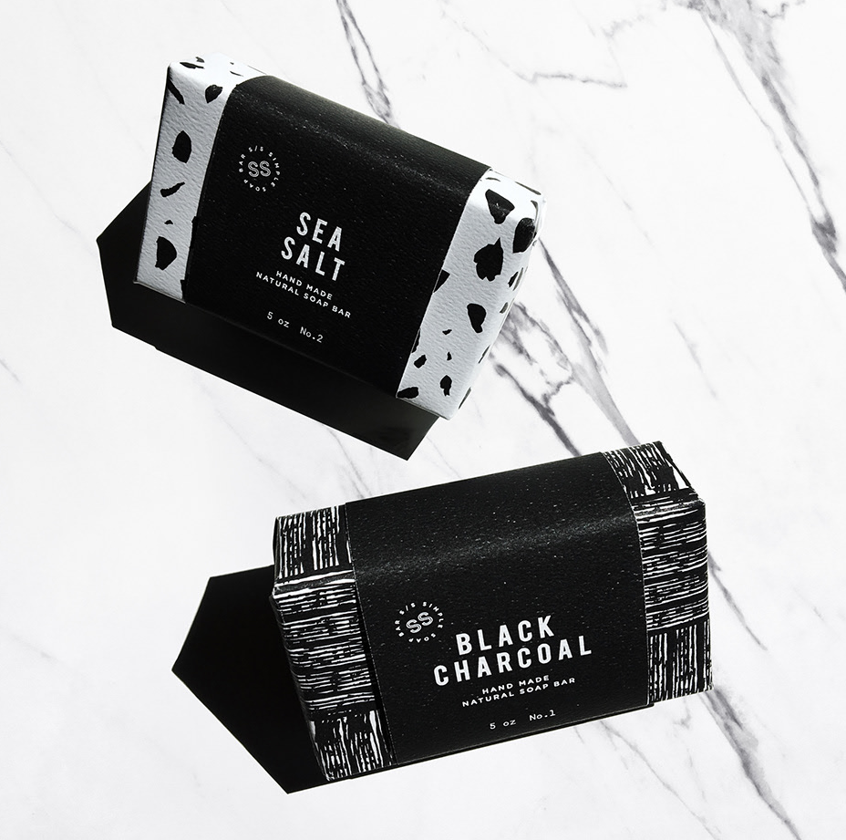 black and white soap packaging with a cross-hatched design