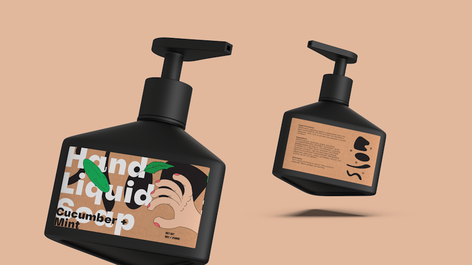 black soap dispenser bottle with brown label with a hand, a cucumber and a mint leaf