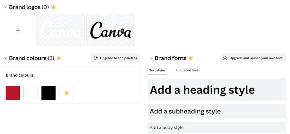 Canva’s brand kit page showcasing its brand logos, fonts, and colors