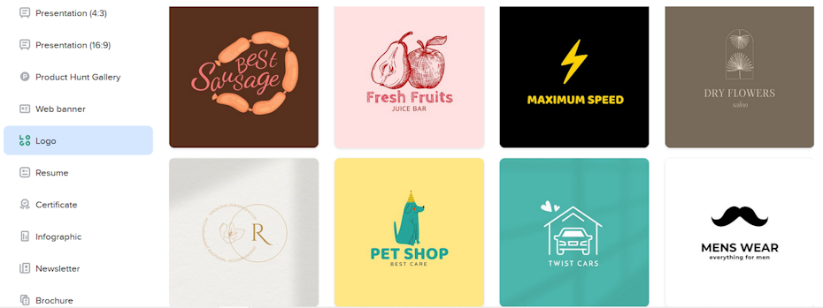 A gallery of logos for a juice bar, a pet shop, a flower shop, and a retail shop for men