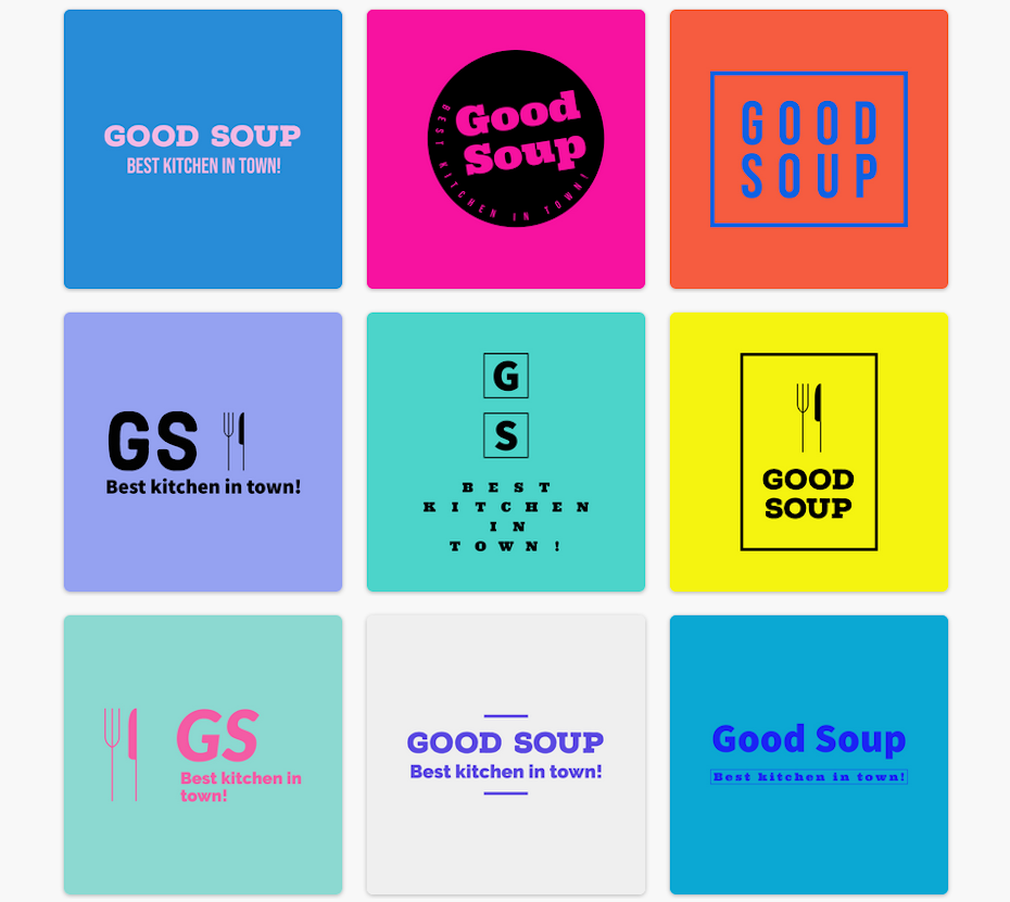 Eine Sammlung lebendiger Logodesigns für ein Restaurant namens 'Good Soup'.