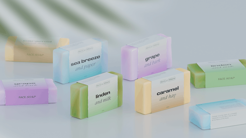 Collection de différents packagings de savon dans différentes couleurs