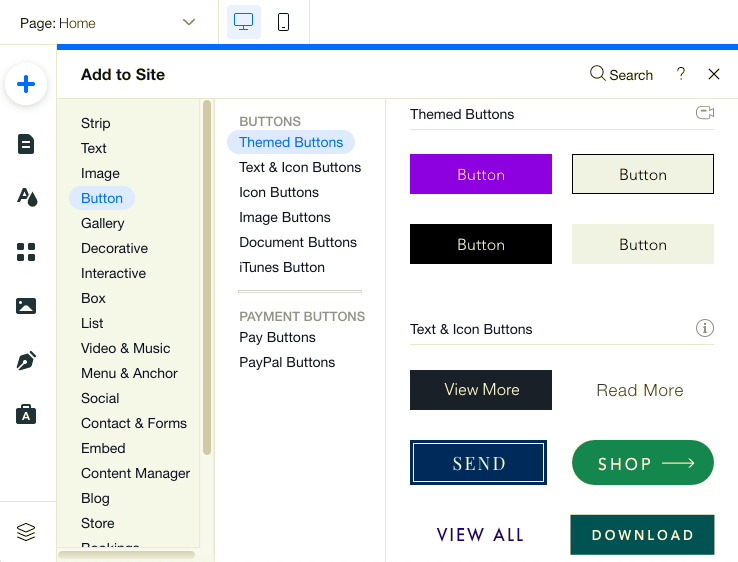 Screenshot of Wix customization options