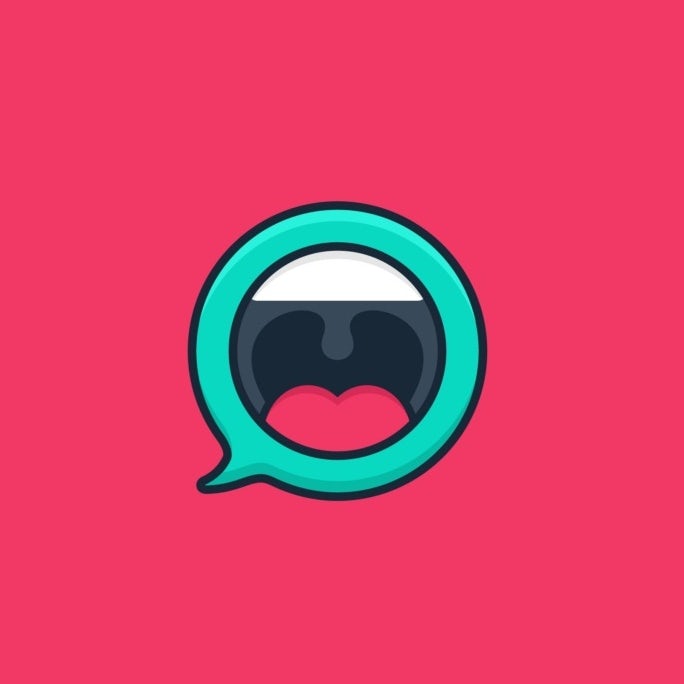 neon pink and green logo of a mouth as a speech bubble
