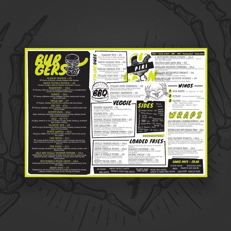 black, white and neon yellow menu in hand-drawn style